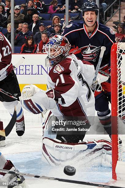 Goaltender Peter Budaj of the Colorado Avalanche makes a save against the Columbus Blue Jackets on December 5, 2009 at Nationwide Arena in Columbus,...