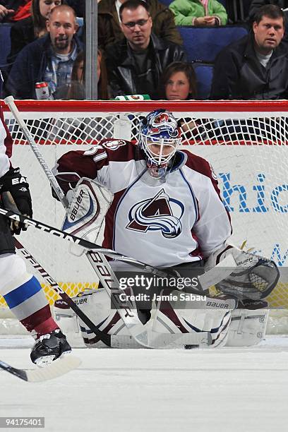 Goaltender Peter Budaj of the Colorado Avalanche makes a save against the Columbus Blue Jackets on December 5, 2009 at Nationwide Arena in Columbus,...