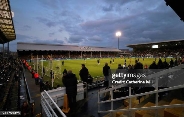 General view inside the stadium as the players warm up before the Sky Bet Championship match between Fulham and Leeds United at Craven Cottage on...