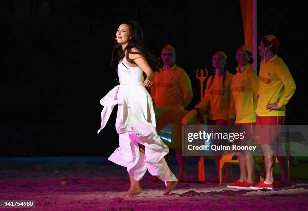 Ricki-Lee Coulter performs during the Opening Ceremony for the Gold Coast 2018 Commonwealth Games at Carrara Stadium on April 4, 2018 on the Gold...