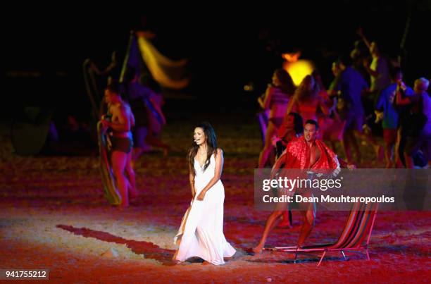 Ricki-Lee Coulter performs during the Opening Ceremony for the Gold Coast 2018 Commonwealth Games at Carrara Stadium on April 4, 2018 on the Gold...