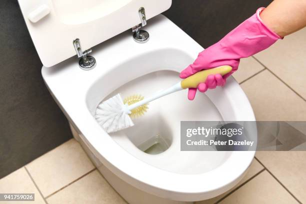 cleaning toilet with toilet brush - man toilet stock-fotos und bilder