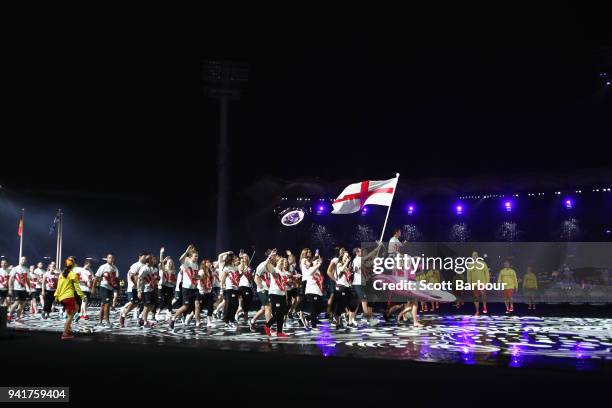 Alistair Brownlee, flag bearer of England arrives with the England team during the Opening Ceremony for the Gold Coast 2018 Commonwealth Games at...
