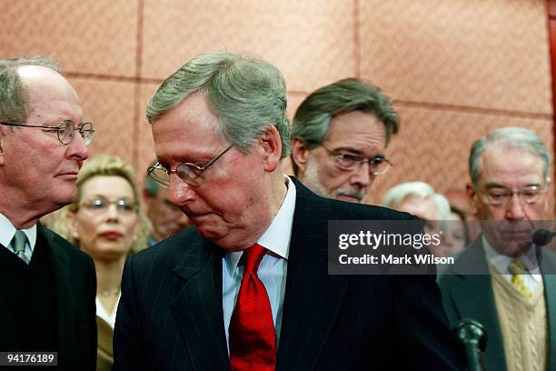 Senate Minority Leader Mitch McConnell , flanked by Sen. Lamar Alexander , Bruce Josten executive vice president for Government Affairs at the U.S....