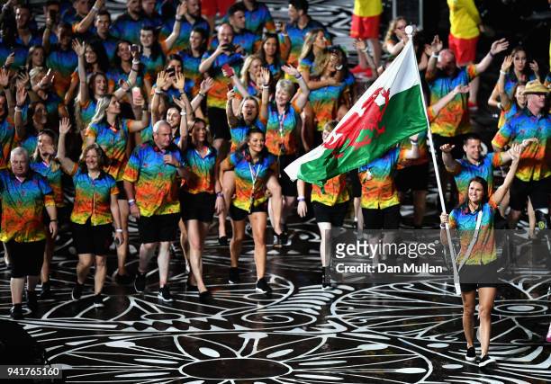 Jazz Carlin, flag bearer of Wales arrives with the Wales team during the Opening Ceremony for the Gold Coast 2018 Commonwealth Games at Carrara...