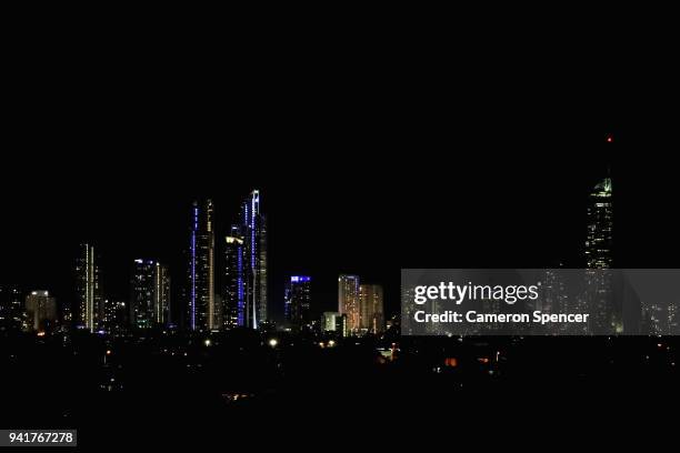 General view of the city skyline during the Opening Ceremony for the Gold Coast 2018 Commonwealth Games at Carrara Stadium on April 4, 2018 on the...