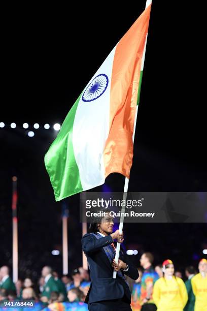 Pusarla Venkata Sindhu, flag bearer of India arrives with the India team during the Opening Ceremony for the Gold Coast 2018 Commonwealth Games at...