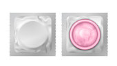Realistic vector pink latex condoms in close up packing on white background. Contraceptive birth control and safe sex method.