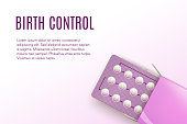 Contraceptive birth control ads template mockup banner. Realistic vector female oral contraceptive pills blister with clipping path on white background.