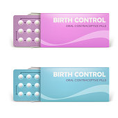 Realistic vector female oral contraceptive pills blister with clipping path and opened packing on white background. Women contraceptive hormonal birth control pills. Planning pregnancy concept.