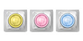 Realistic vector pink, yellow, blue latex condoms in packing on white background. Contraceptive birth control and safe sex method.