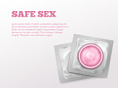 Contraceptive birth control and safe sex ads template mockup banner. Realistic vector pink latex condoms in close up packing on white background.