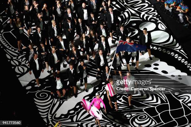 Sophie Pascoe, flag bearer of New Zealand arrives with the New Zealand team during the Opening Ceremony for the Gold Coast 2018 Commonwealth Games at...