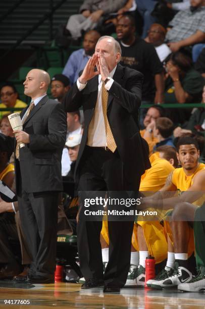 Jim Larranaga, head coach of the George Mason Patriots, calls out a play during a college basketball game against the Dayton Flyers on December 8,...