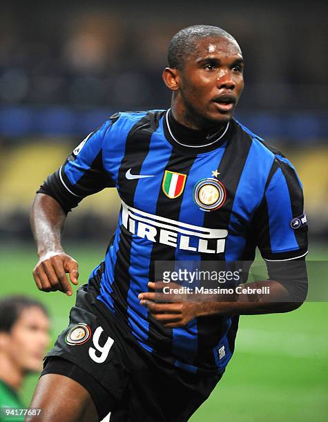 Samuel Eto'o of Inter Milan celebrates after scoring the opening goal during the UEFA Champions League Group F match between FC Inter Milan and FC...