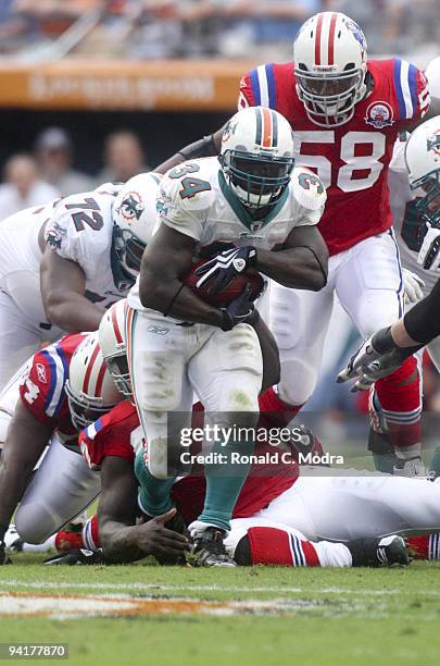 Ricky Williams of the Miami Dolphins carries the ball during a NFL game against the New England Patriots at Land Shark Stadium on December 6, 2009 in...