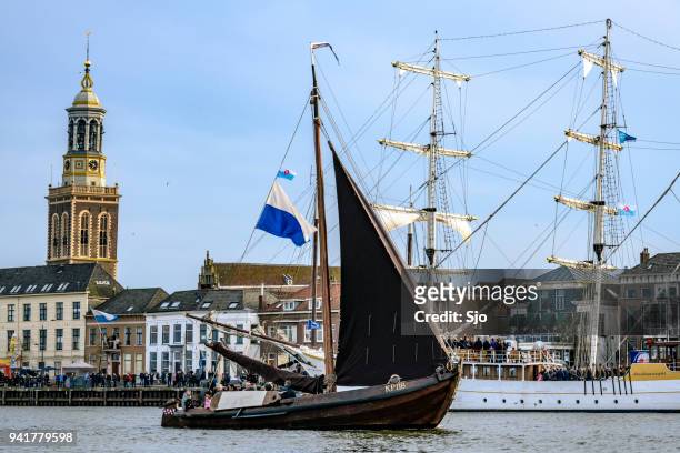 old sailing boat botter at the river ijssel during the 2018 sail kampen event - ijssel stock pictures, royalty-free photos & images