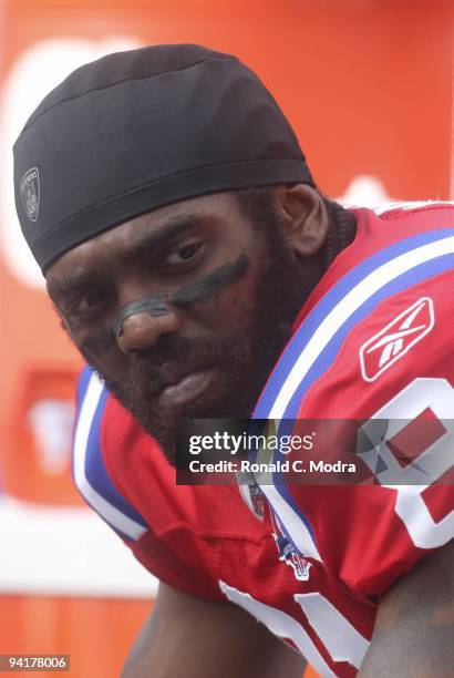 Randy Moss of the New England Patriots looks on during a NFL game against the Miami Dolphins at Land Shark Stadium on December 6, 2009 in Miami,...