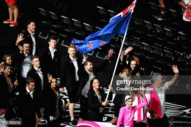 Sophie Pascoe, flag bearer of New Zealand arrives with the New Zealand team during the Opening Ceremony for the Gold Coast 2018 Commonwealth Games at...