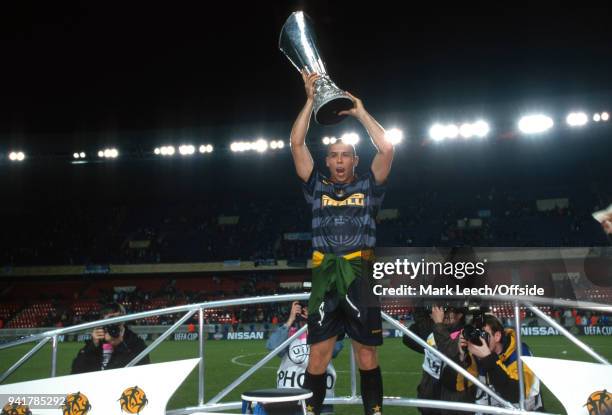 May 1998 Paris, UEFA Cup Final - Lazio v Internazionale - Ronaldo of Inter holds the trophy aloft