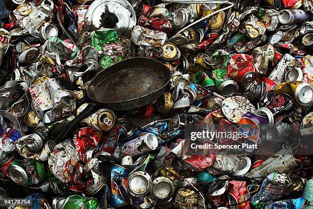 Metal cans and other objects are piled to be recycled at the Jardim Gramacho waste disposal site on December 9, 2009 in Jardim Gramacho, Brazil....