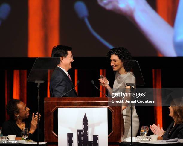 Media personality Stephen Colbert presents a Muse Award to Allison Silverman at the New York Women in Film & Television 29th Annual Muse Awards at...