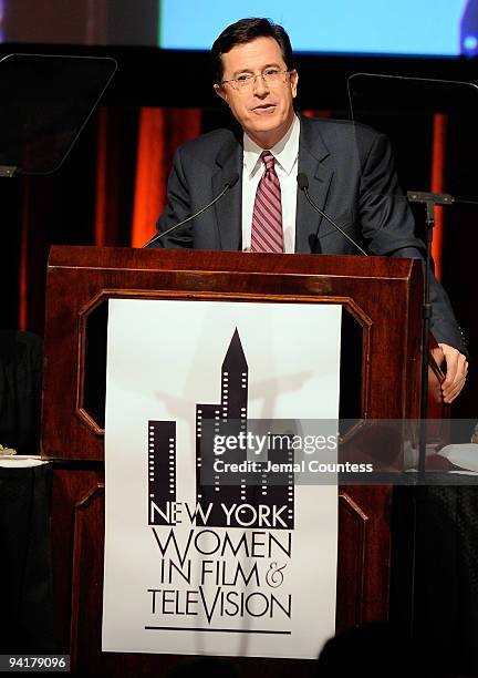 Media personality Stephen Colbert presents a Muse Award to Allison Silverman at the New York Women in Film & Television 29th Annual Muse Awards at...