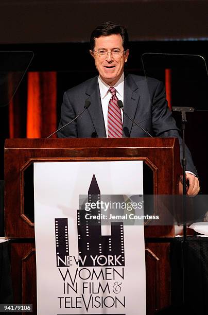 Media personality Stephen Colbert presents a Muse Award to Allison Silverman at the New York Women in Film & Television 29th Annual Muse Awards at...