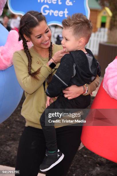 Sarah Lombardi with her son Alessio Lombardi and Caroline Beil with her daughter Ava Beil test the new kids area 'Peppa Pig Land 'at Heide Park...