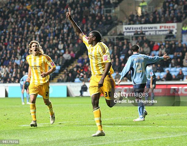 Nile Ranger celebrates scoring the second goal during the Coca-Cola Championship game between Coventry City and Newcastle United at the Ricoh Arena...