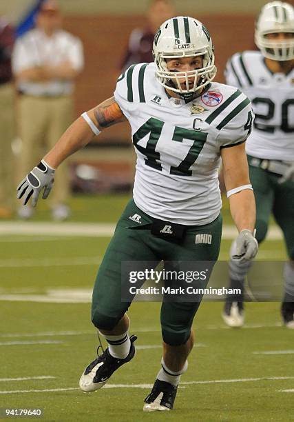 Noah Keller of the Ohio Bobcats pursues on a play against the Central Michigan Chippewas during the MAC Conference Championship Game at Ford Field on...