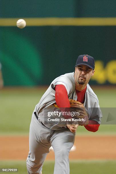 Pitcher Jeff Suppan of the St. Louis Cardinals pitches during the game against the Tampa Bay Devil Rays at Tampa Bay Devil Rays Stadium on June...