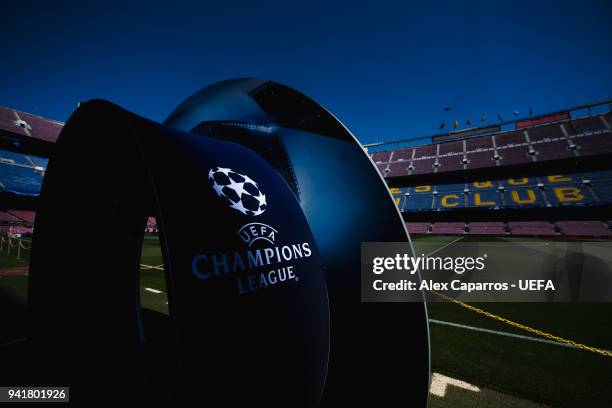 The UEFA Champions League logo is seen in the Camp Nou stadium ahead of the UEFA Champions League Quarter Final Leg One match between FC Barcelona...