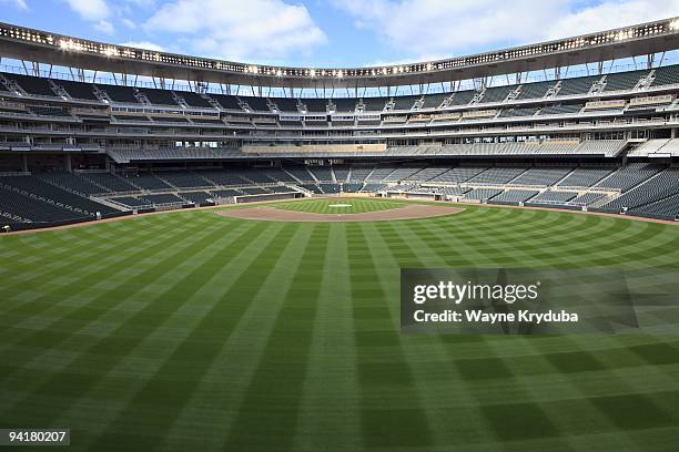 An interior view of Target Field looking in from center field showing the field and seating on October 8, 2009 at Target Field. The opening day game...