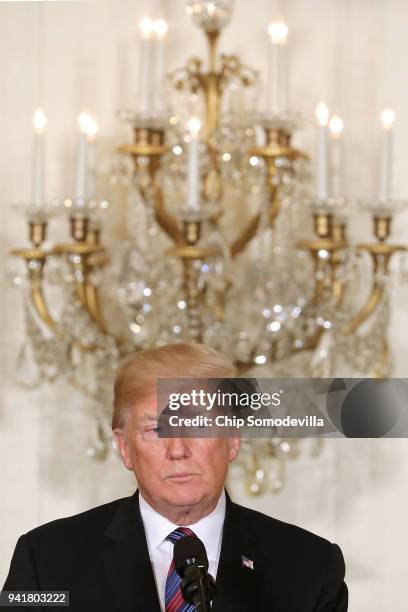 President Donald Trump speaks during a joint news conference with Estonian President Kersti Kaljulaid, Latvian President Raimonds Vejonis and...