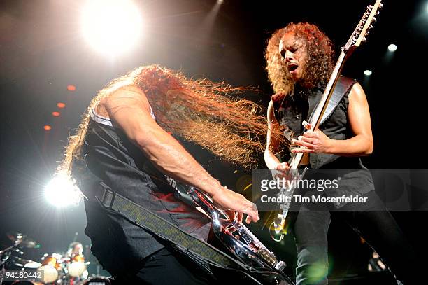Robert Trujillo and Kirk Hammett of Metallica perform in support of the band's "Death Magnetic" release at ARCO Arena on December 8, 2009 in...