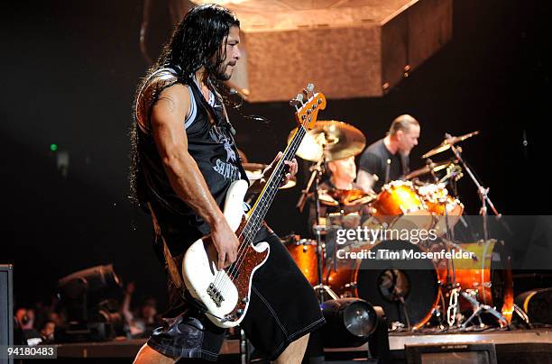 Robert Trujillo, Lars Ulrich, and James Hetfield of Metallica perform in support of the band's "Death Magnetic" release at ARCO Arena on December 8,...