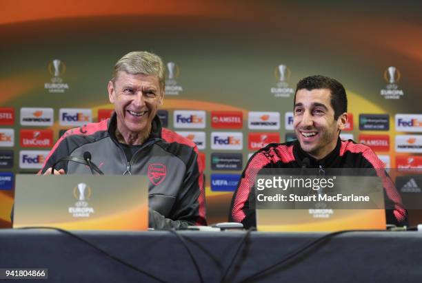 Arsenal manager Arsene Wenger and midfielder Henrikh Mkhitaryan attend a press conference at London Colney on April 4, 2018 in St Albans, England.