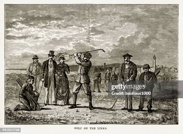 playing the links in st. andrew’s, scotland victorian engraving, 1840 - fife scotland stock illustrations