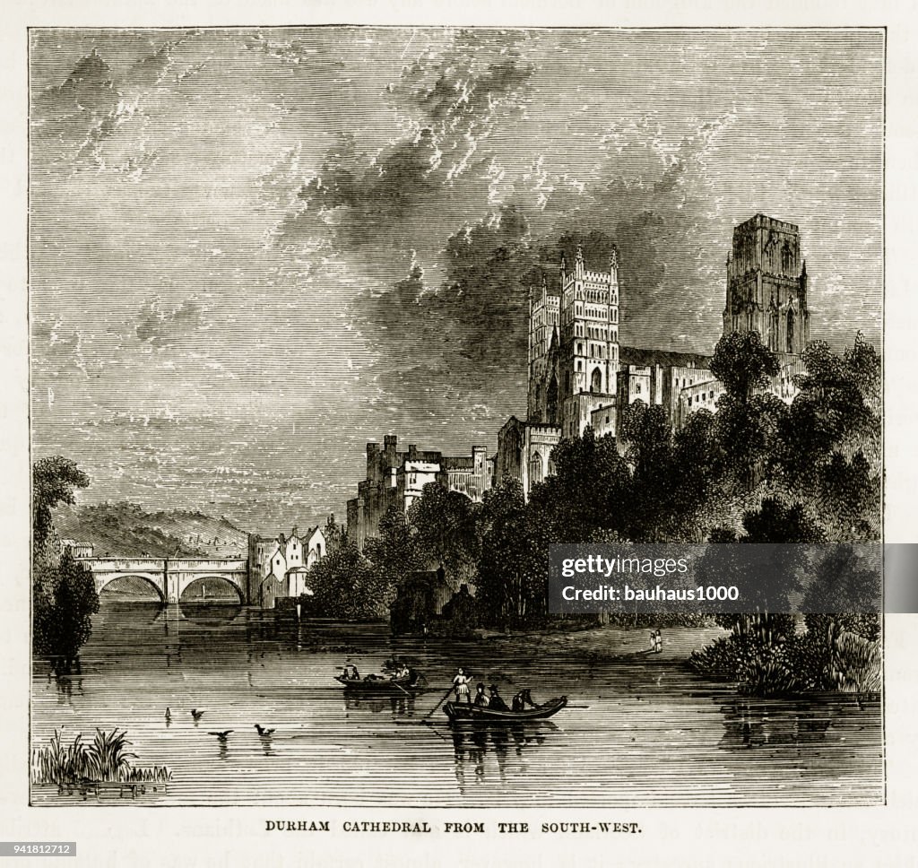 Durham Cathedral in Durham, England Victorian Engraving, 1840