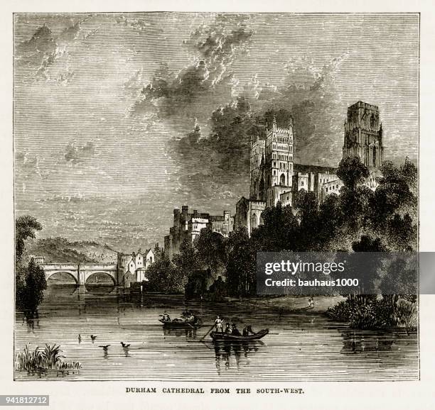 durham cathedral in durham, england victorian engraving, 1840 - durham cathedral stock illustrations