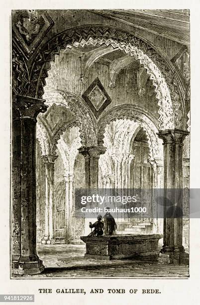 ilustrações, clipart, desenhos animados e ícones de galileia e túmulo de beda, catedral de durham em durham, inglaterra vitoriana da gravura, 1840 - durham nordeste da inglaterra