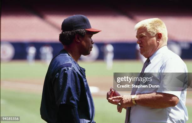 Rod Carew speaks with Whitey Herzog before the California Angels game against the Minnesota Twins at Anaheim Stadium on July 1, 1992 in Anaheim,...