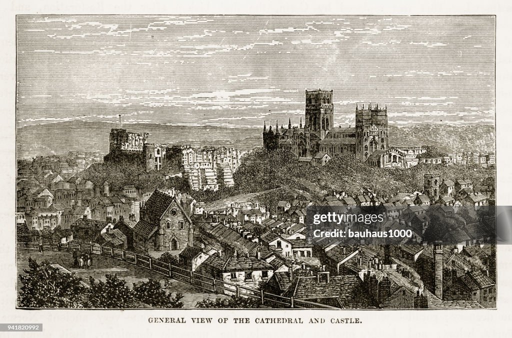 Durham Cathedral and Durham Castle, Durham, England Victorian Engraving, 1840