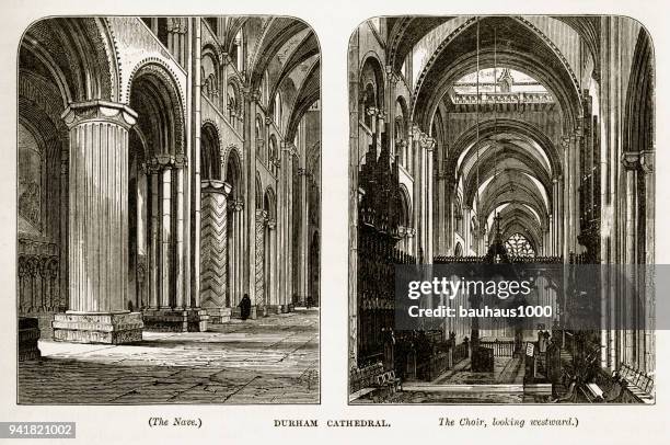 durham cathedral in durham, england victorian engraving, 1840 - durham cathedral stock illustrations