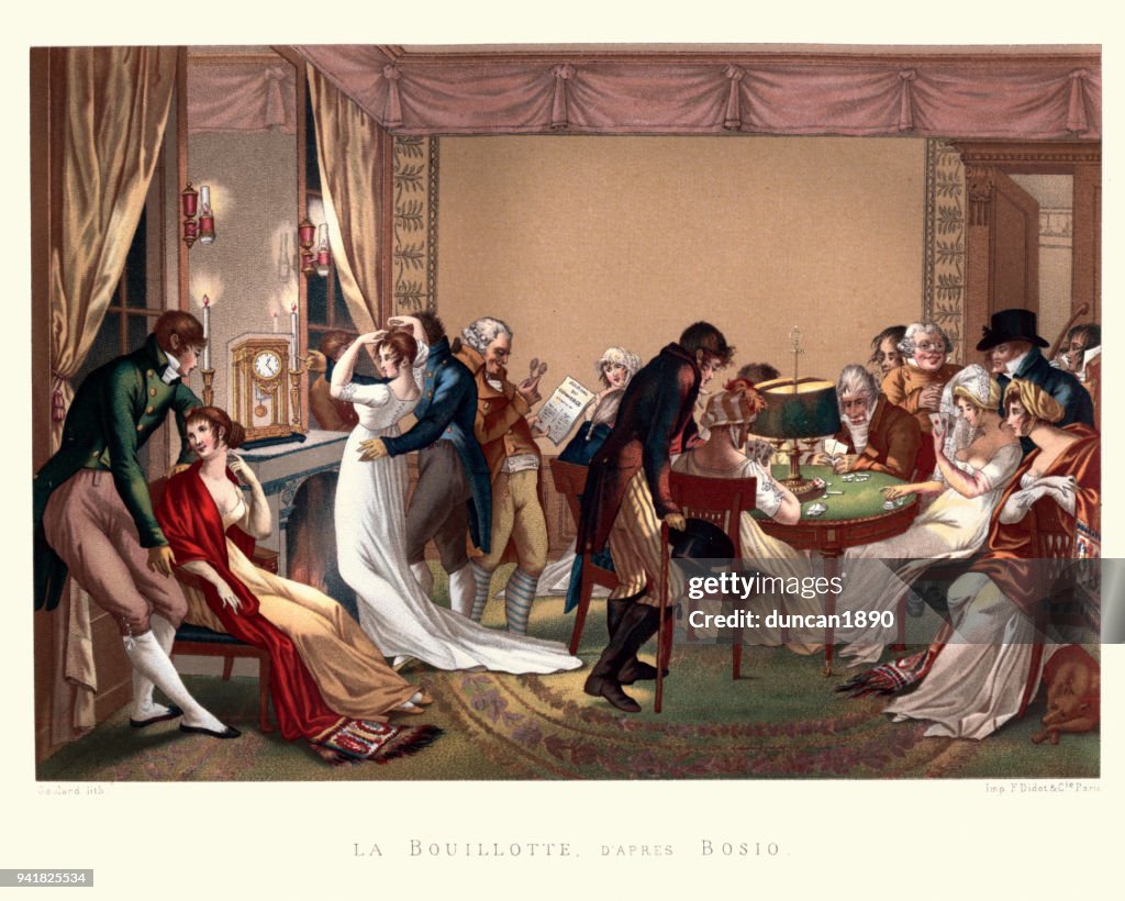 Persone che giocano al gioco di carte Bouillotte, Francia, 1804