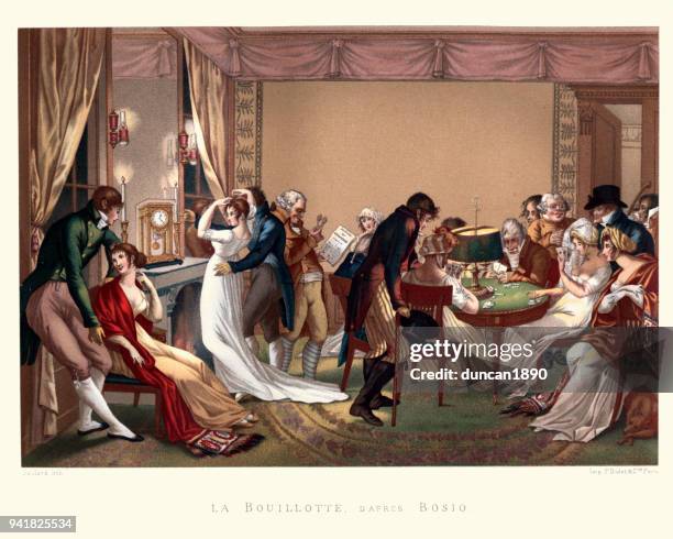people playing the card game bouillotte, france, 1804 - bouillotte stock illustrations