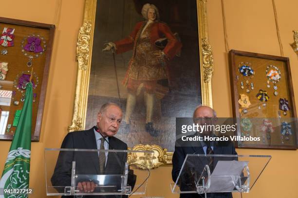 Secretary General of the League of Arab States Ahmed Aboul Gheit listens to Portuguese Foreign Minister Augusto Santos Silva words on an arson...