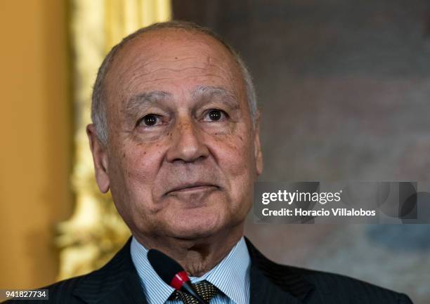 Secretary General of the League of Arab States Ahmed Aboul Gheit listens to the opening remarks of Portuguese Foreign Minister Augusto Santos Silva...