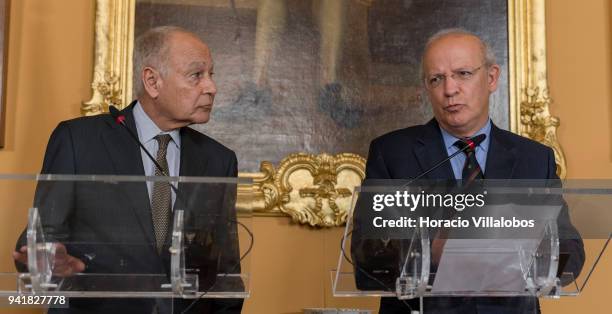 Secretary General of the League of Arab States Ahmed Aboul Gheit listens to Portuguese Foreign Minister Augusto Santos Silva words on an arson...